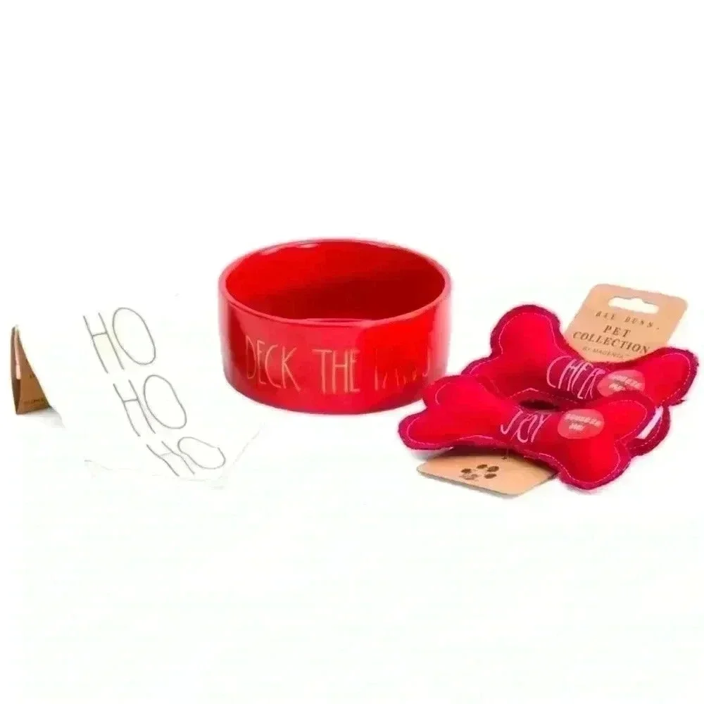 NEW 4 Pc SET - DECK THE PAWS - Rae Dunn Pet Bowl, Bandana, & 2 squeaky Bone Toys